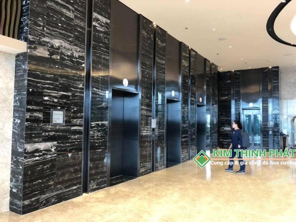 Đá Marble Đen Hoa Băng (Royal Black) ốp mặt tiền cầu thang máy