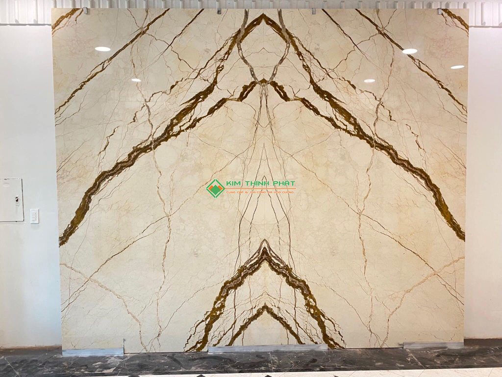 Đá Marble Vàng Kem Chỉ Sofita ốp tranh đá đối xứng