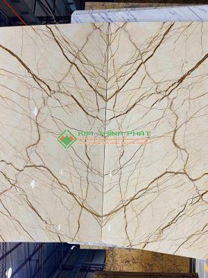 Đá Marble Vàng Kem Chỉ Sofita 2 tấm ghép tranh đối xứng